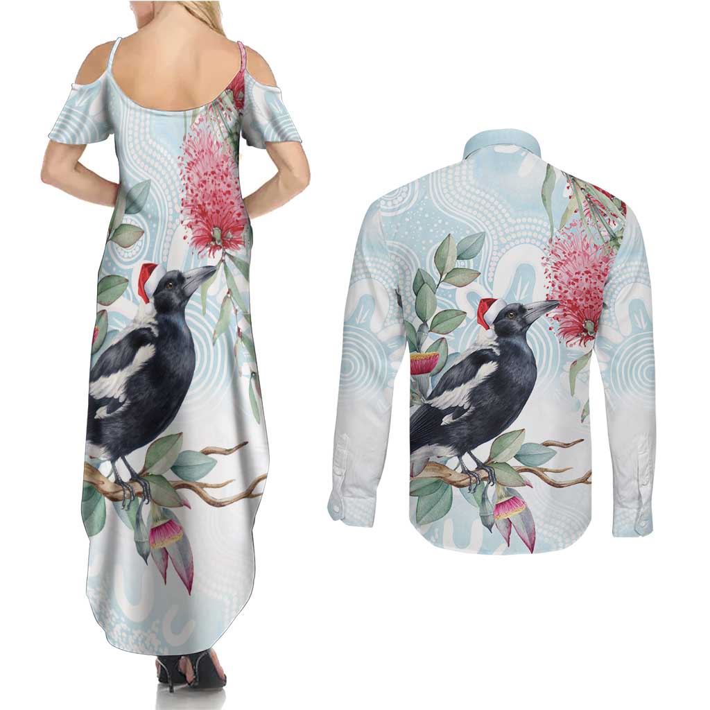 Australia Magpie Christmas Couples Matching Summer Maxi Dress and Long Sleeve Button Shirt Eucalyptus Aboriginal Watercolor Stylized - Aussie Hoodie