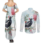 Australia Magpie Christmas Couples Matching Summer Maxi Dress and Long Sleeve Button Shirt Eucalyptus Aboriginal Watercolor Stylized - Aussie Hoodie