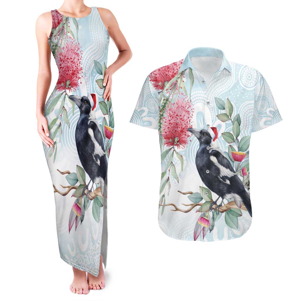 Australia Magpie Christmas Couples Matching Tank Maxi Dress and Hawaiian Shirt Eucalyptus Aboriginal Watercolor Stylized - Aussie Hoodie