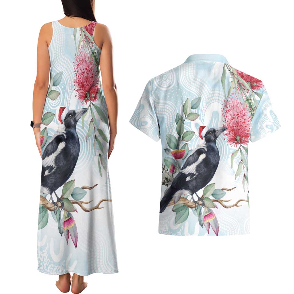 Australia Magpie Christmas Couples Matching Tank Maxi Dress and Hawaiian Shirt Eucalyptus Aboriginal Watercolor Stylized - Aussie Hoodie