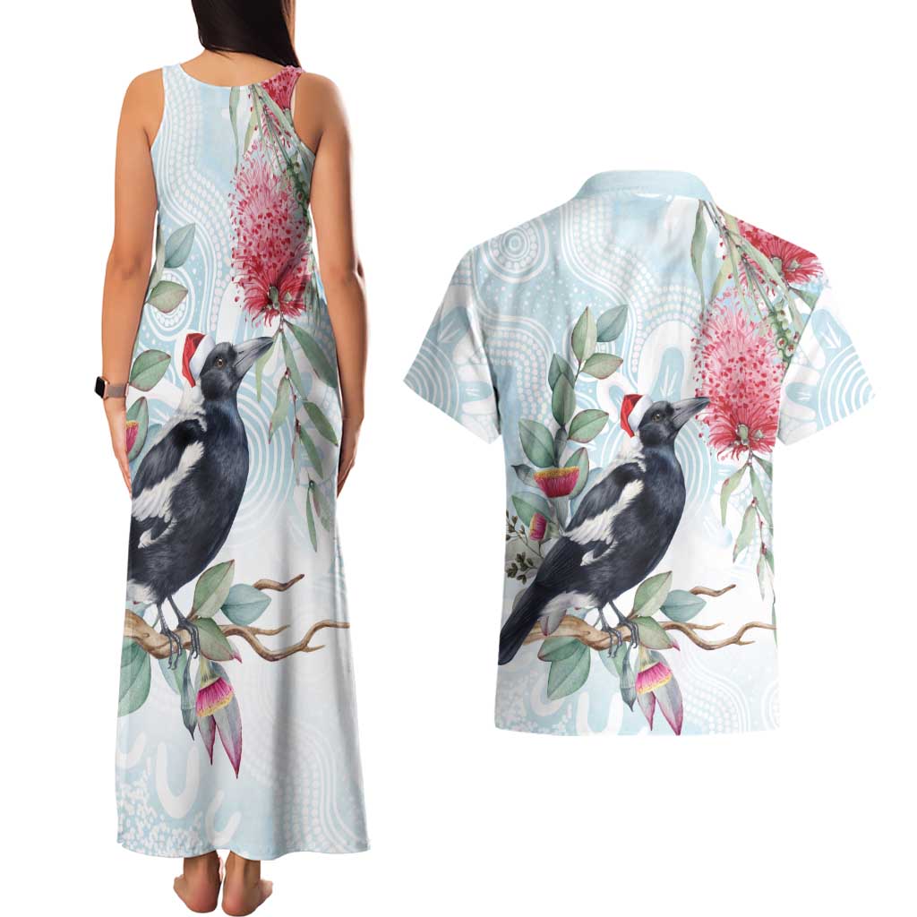 Australia Magpie Christmas Couples Matching Tank Maxi Dress and Hawaiian Shirt Eucalyptus Aboriginal Watercolor Stylized - Aussie Hoodie