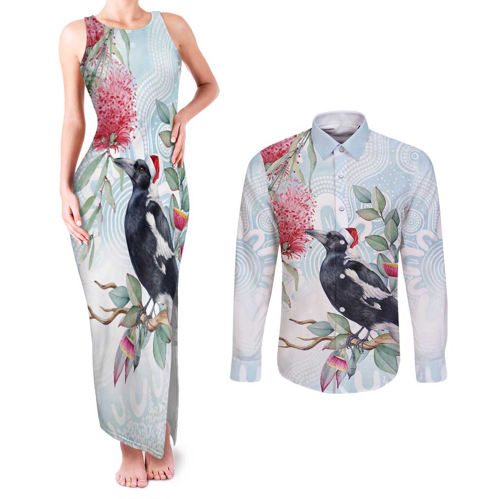 Australia Magpie Christmas Couples Matching Tank Maxi Dress and Long Sleeve Button Shirt Eucalyptus Aboriginal Watercolor Stylized - Aussie Hoodie
