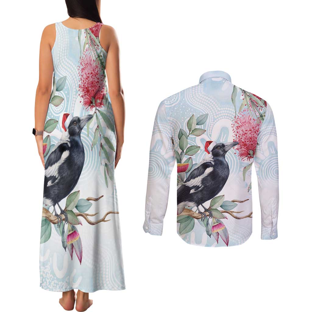 Australia Magpie Christmas Couples Matching Tank Maxi Dress and Long Sleeve Button Shirt Eucalyptus Aboriginal Watercolor Stylized - Aussie Hoodie
