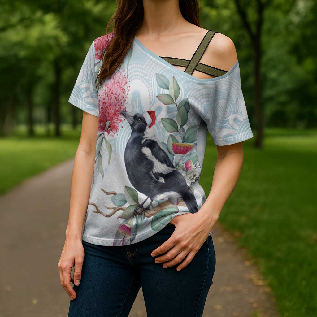 Australia Magpie Christmas Cross Shoulder Shirt Eucalyptus Aboriginal Watercolor Stylized - Aussie Hoodie