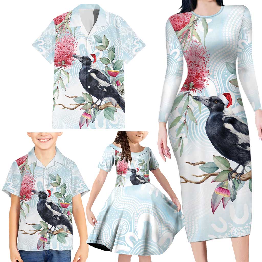 Australia Magpie Christmas Family Matching Long Sleeve Bodycon Dress and Hawaiian Shirt Eucalyptus Aboriginal Watercolor Stylized - Aussie Hoodie
