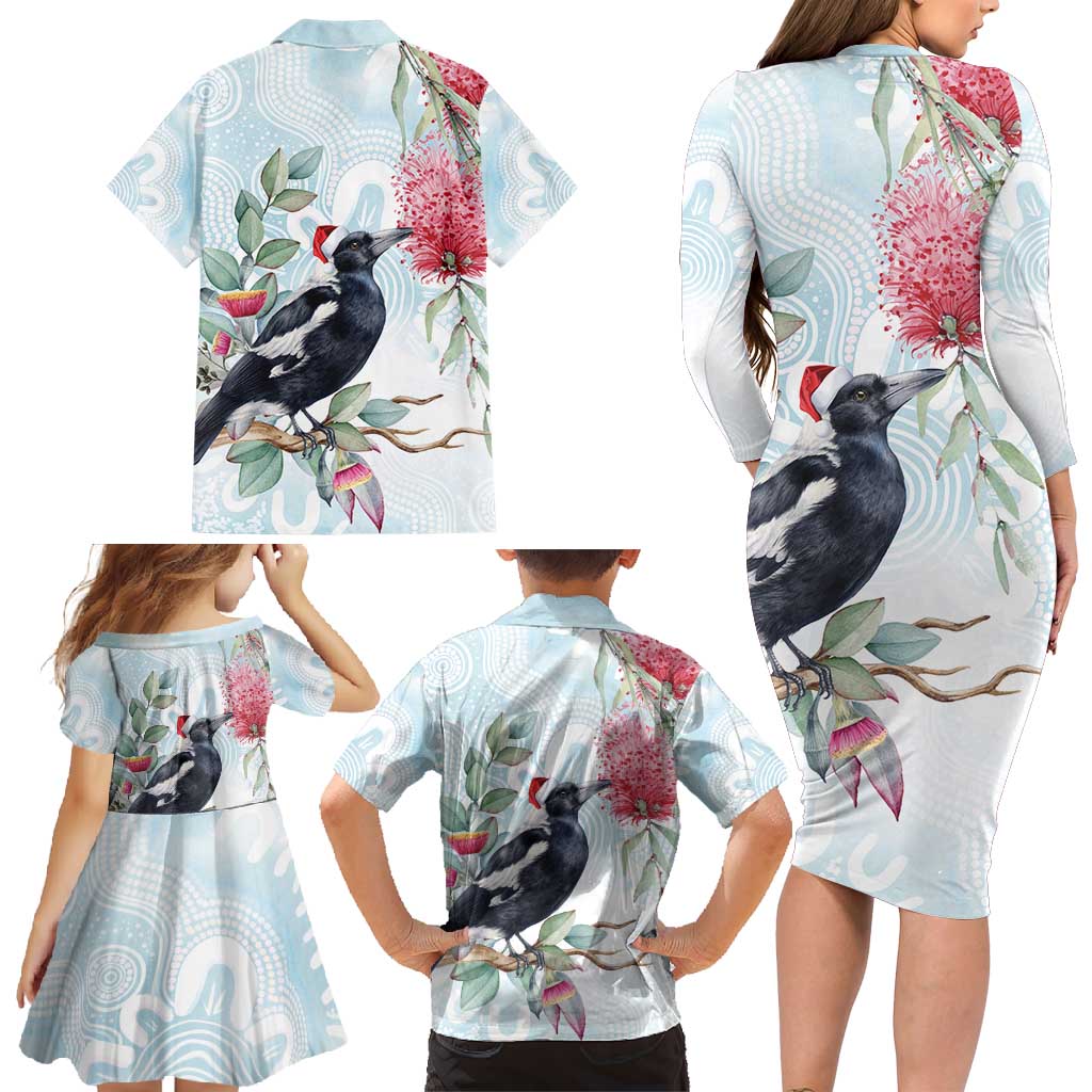 Australia Magpie Christmas Family Matching Long Sleeve Bodycon Dress and Hawaiian Shirt Eucalyptus Aboriginal Watercolor Stylized - Aussie Hoodie