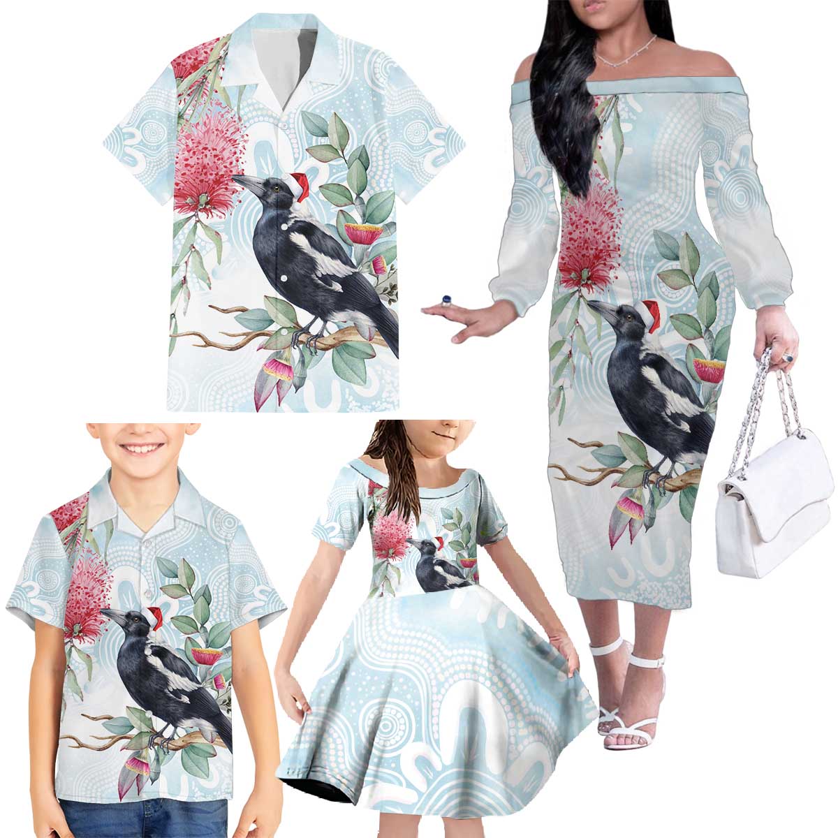 Australia Magpie Christmas Family Matching Off The Shoulder Long Sleeve Dress and Hawaiian Shirt Eucalyptus Aboriginal Watercolor Stylized - Aussie Hoodie