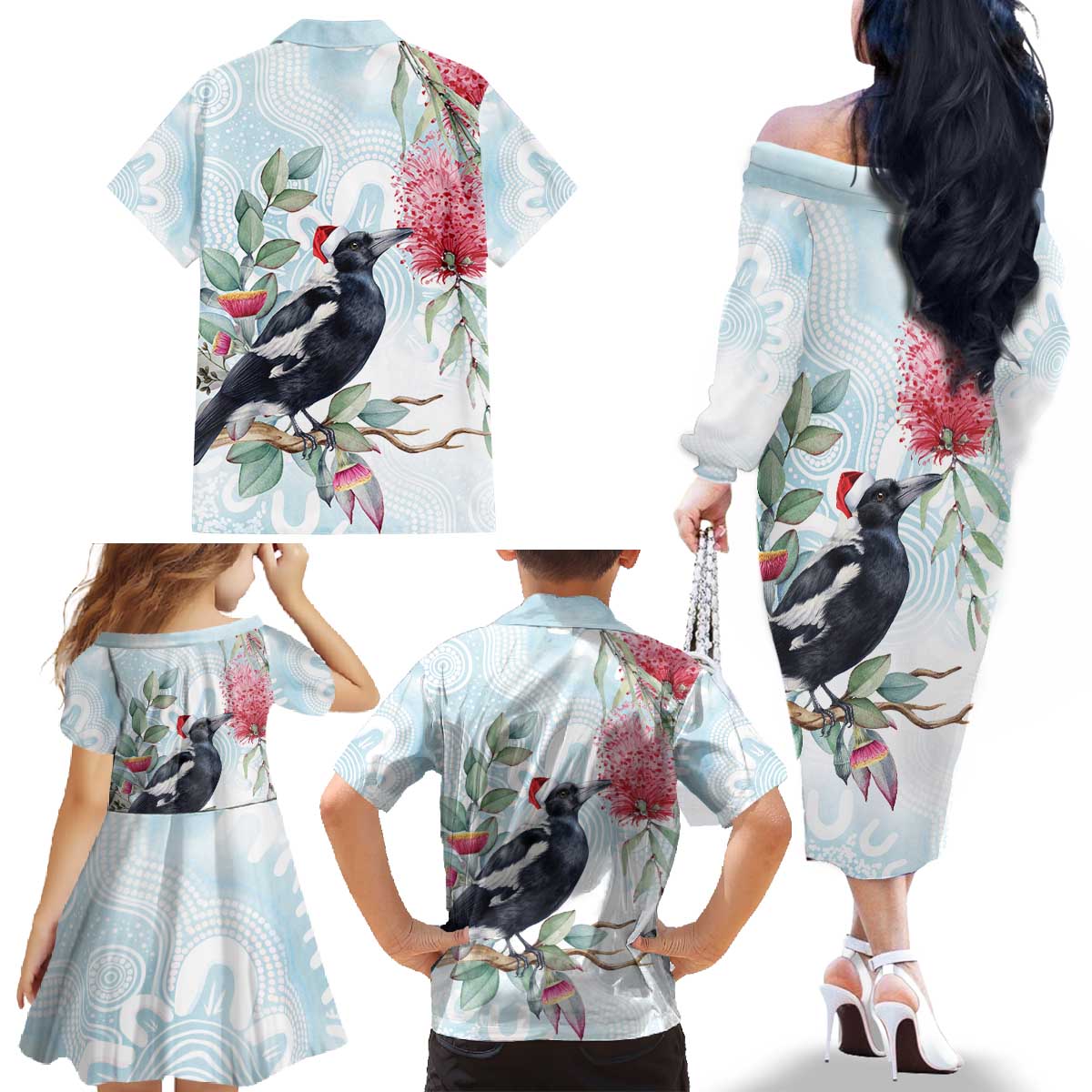 Australia Magpie Christmas Family Matching Off The Shoulder Long Sleeve Dress and Hawaiian Shirt Eucalyptus Aboriginal Watercolor Stylized - Aussie Hoodie