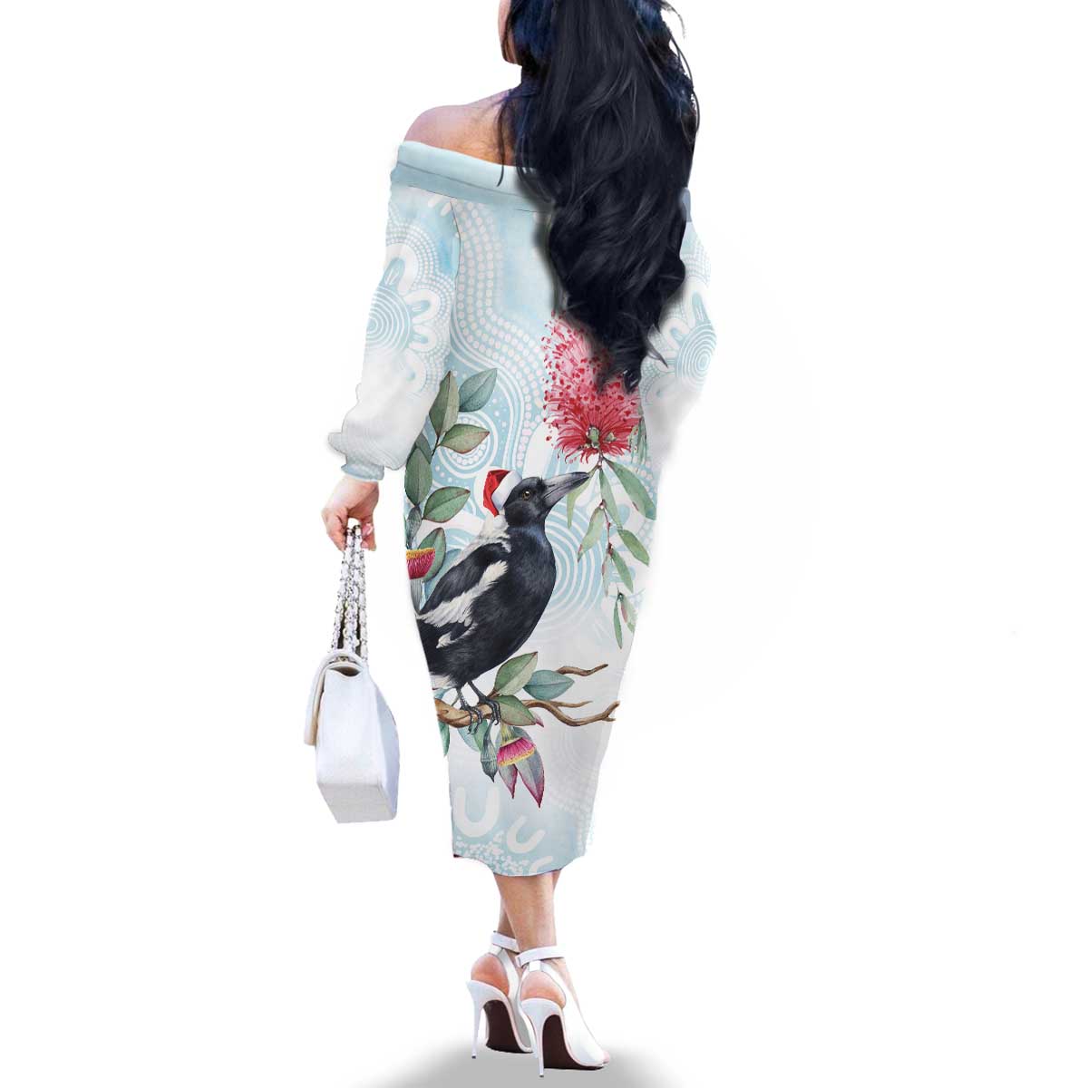 Australia Magpie Christmas Family Matching Off The Shoulder Long Sleeve Dress and Hawaiian Shirt Eucalyptus Aboriginal Watercolor Stylized - Aussie Hoodie