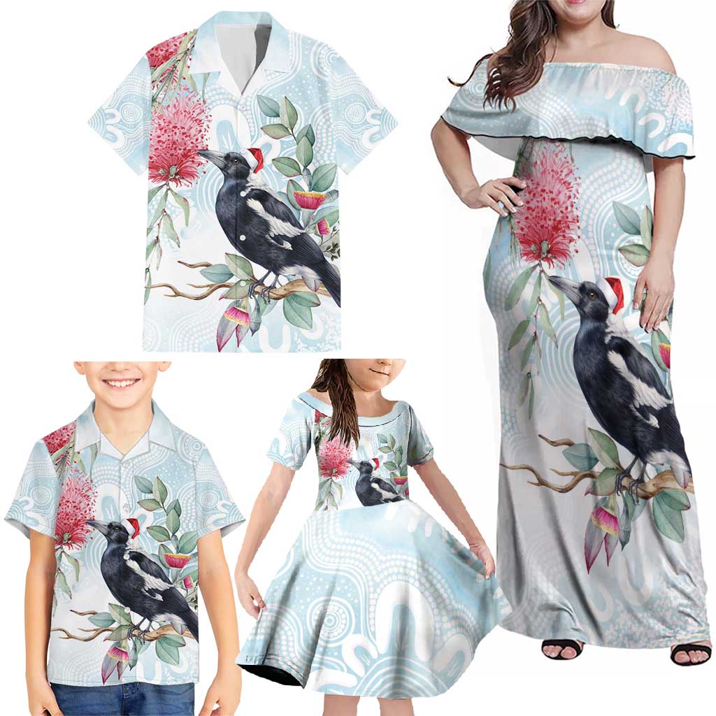 Australia Magpie Christmas Family Matching Off Shoulder Maxi Dress and Hawaiian Shirt Eucalyptus Aboriginal Watercolor Stylized - Aussie Hoodie