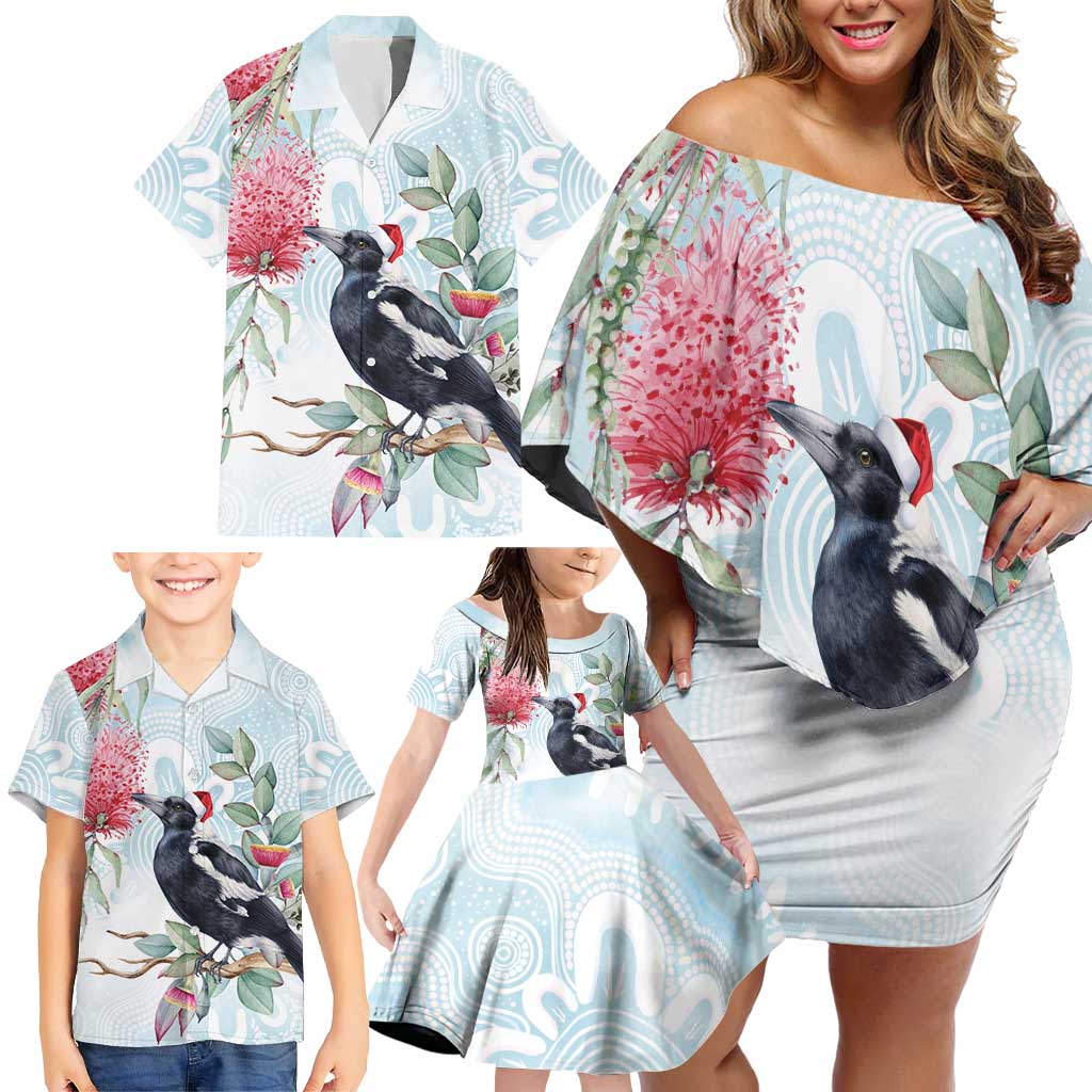 Australia Magpie Christmas Family Matching Off Shoulder Short Dress and Hawaiian Shirt Eucalyptus Aboriginal Watercolor Stylized - Aussie Hoodie
