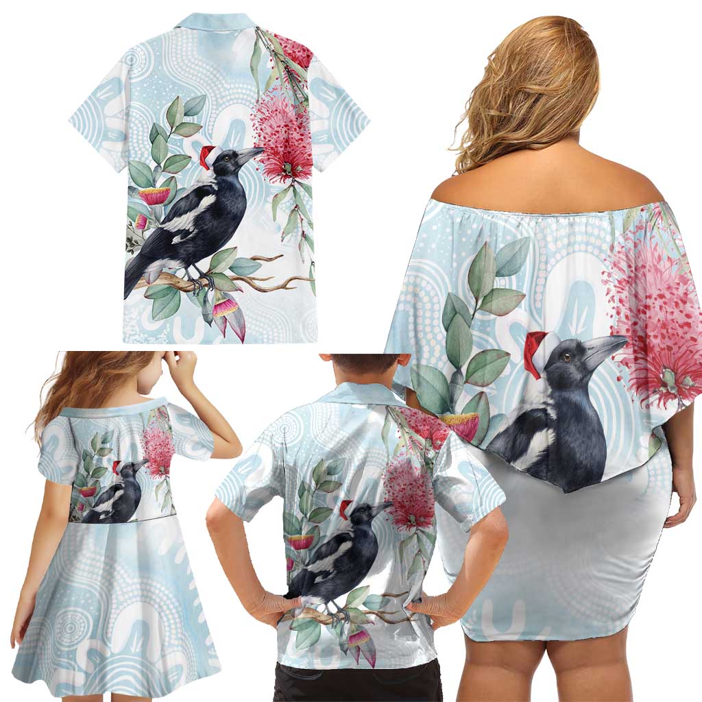 Australia Magpie Christmas Family Matching Off Shoulder Short Dress and Hawaiian Shirt Eucalyptus Aboriginal Watercolor Stylized - Aussie Hoodie