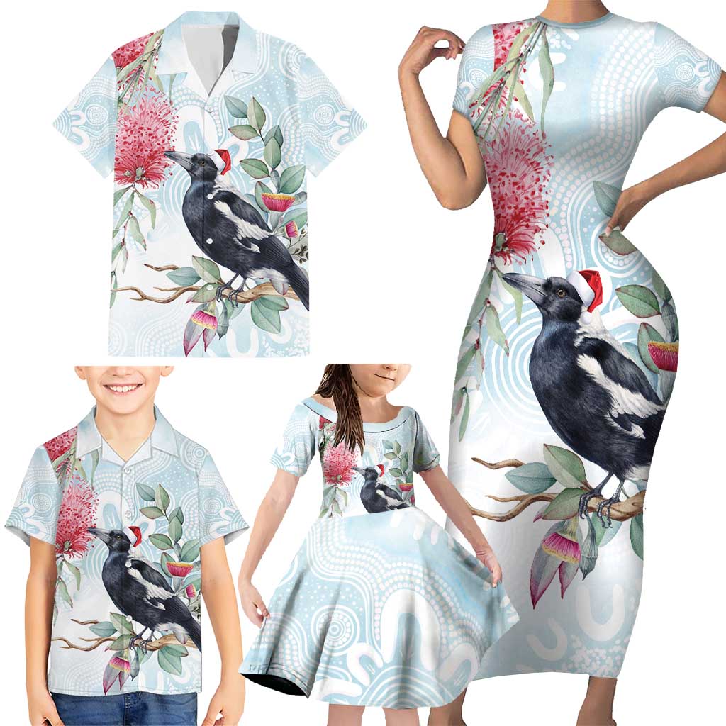 Australia Magpie Christmas Family Matching Short Sleeve Bodycon Dress and Hawaiian Shirt Eucalyptus Aboriginal Watercolor Stylized - Aussie Hoodie