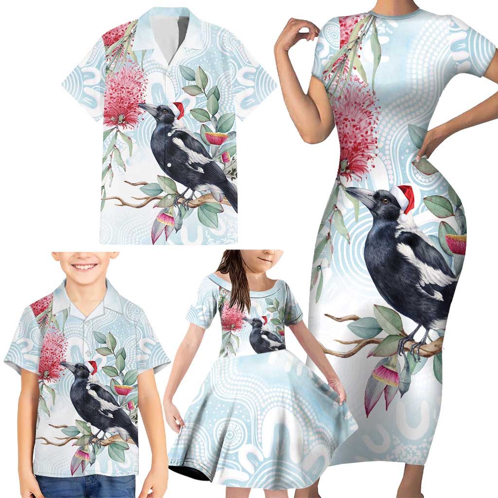 Australia Magpie Christmas Family Matching Short Sleeve Bodycon Dress and Hawaiian Shirt Eucalyptus Aboriginal Watercolor Stylized - Aussie Hoodie