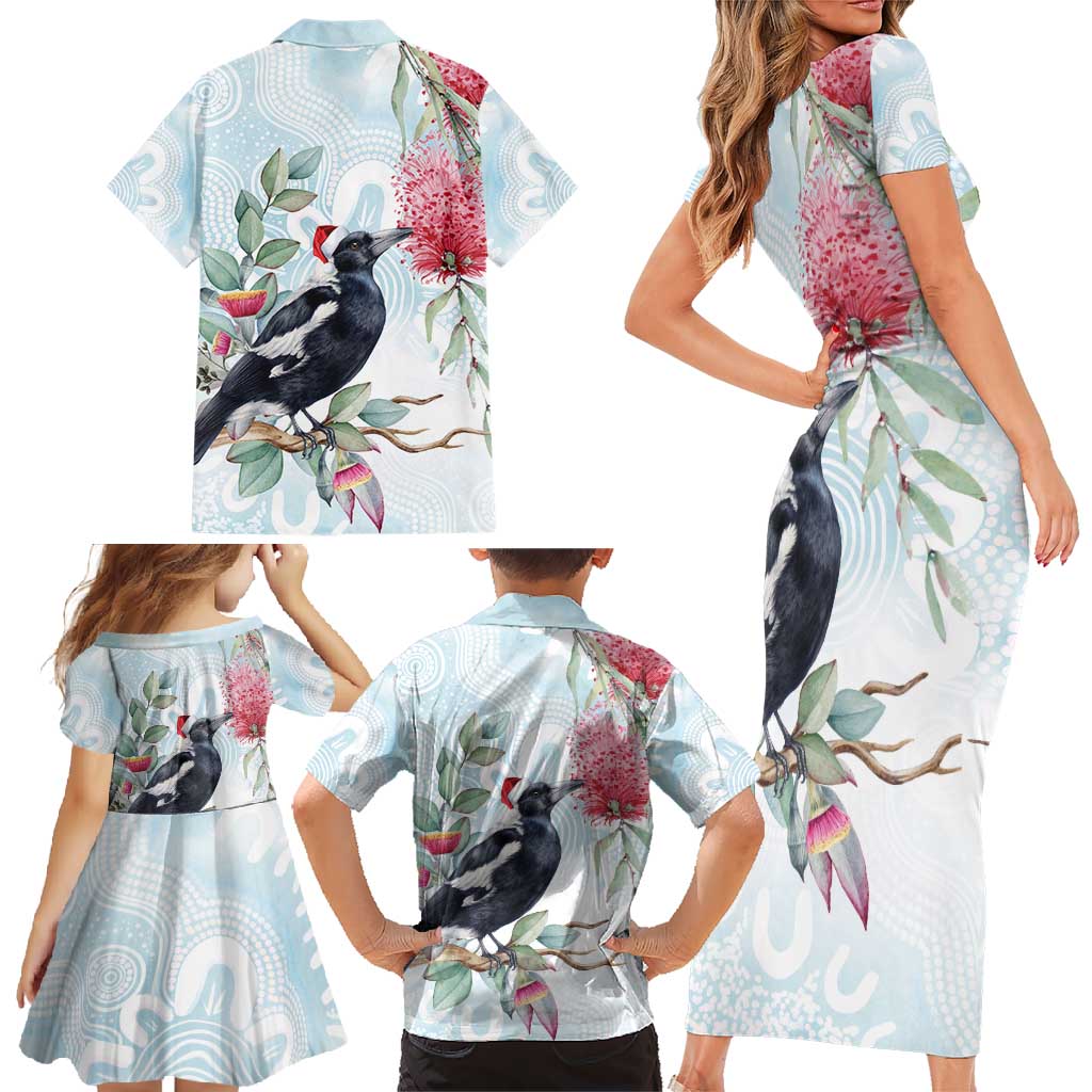 Australia Magpie Christmas Family Matching Short Sleeve Bodycon Dress and Hawaiian Shirt Eucalyptus Aboriginal Watercolor Stylized - Aussie Hoodie