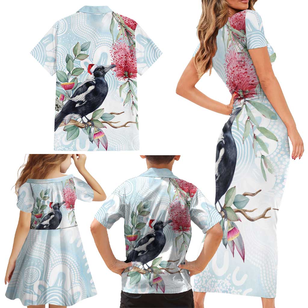 Australia Magpie Christmas Family Matching Short Sleeve Bodycon Dress and Hawaiian Shirt Eucalyptus Aboriginal Watercolor Stylized - Aussie Hoodie