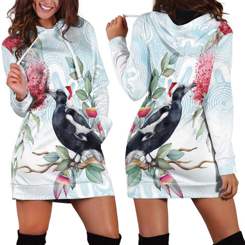 Australia Magpie Christmas Hoodie Dress Eucalyptus Aboriginal Watercolor Stylized - Aussie Hoodie