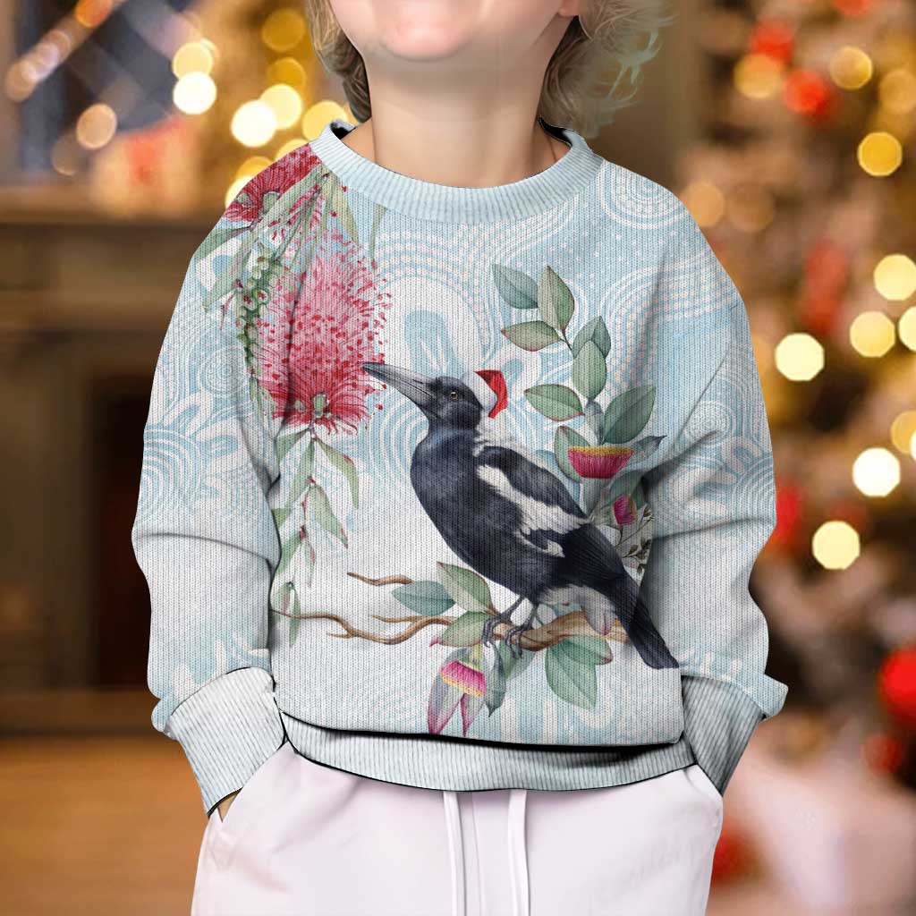 Australia Magpie Christmas Kid Ugly Christmas Sweater Eucalyptus Aboriginal Watercolor Stylized - Aussie Hoodie