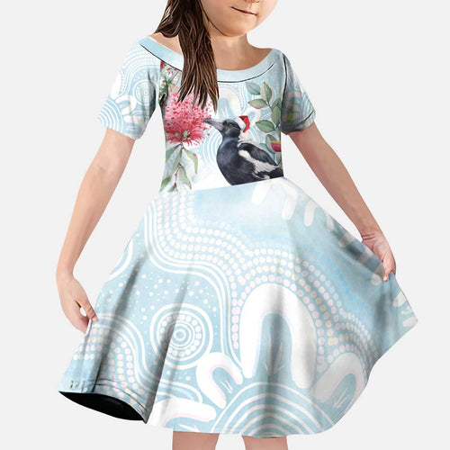 Australia Magpie Christmas Kid Short Sleeve Dress Eucalyptus Aboriginal Watercolor Stylized - Aussie Hoodie