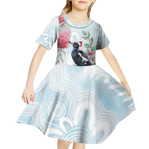 Australia Magpie Christmas Kid Short Sleeve Dress Eucalyptus Aboriginal Watercolor Stylized - Aussie Hoodie
