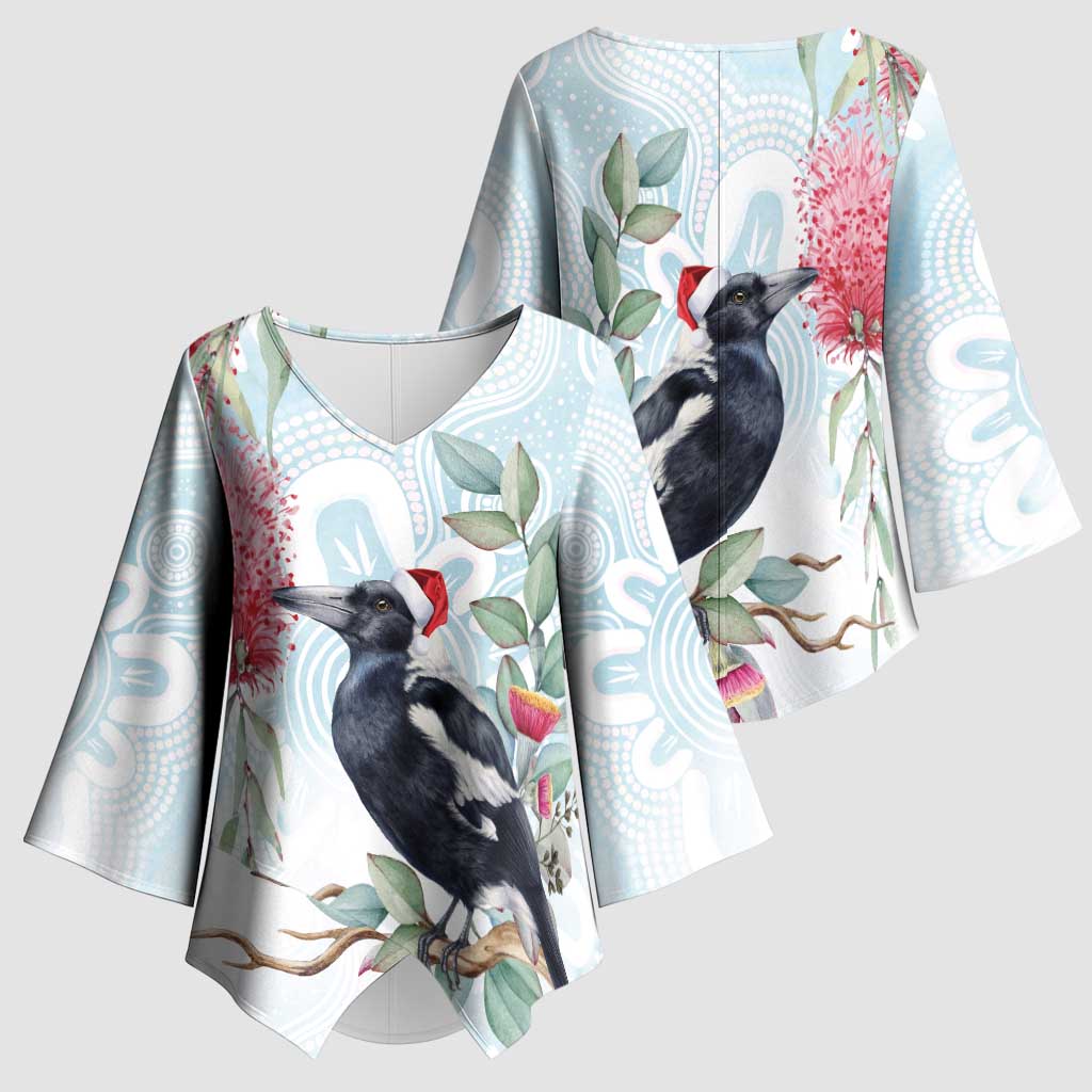 Australia Magpie Christmas Kimono Sleeve Blouse Eucalyptus Aboriginal Watercolor Stylized - Aussie Hoodie