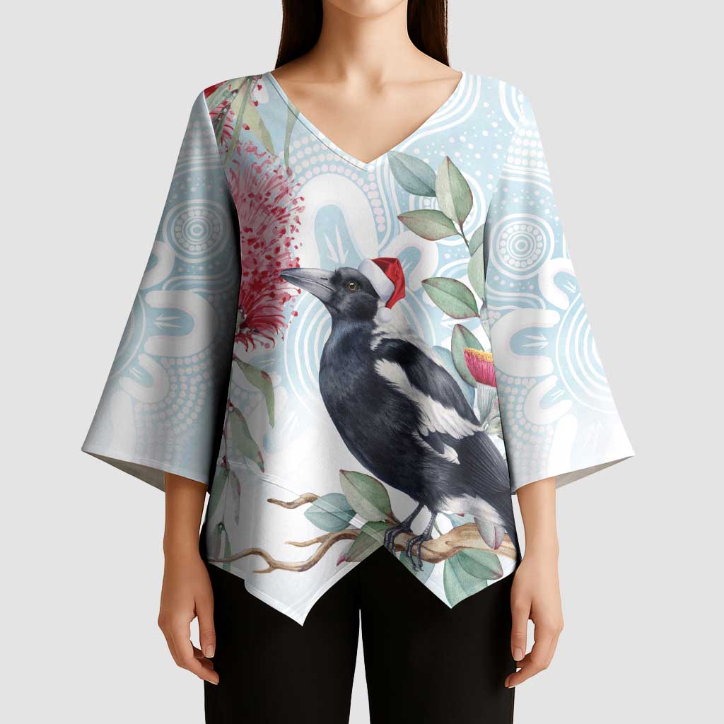 Australia Magpie Christmas Kimono Sleeve Blouse Eucalyptus Aboriginal Watercolor Stylized - Aussie Hoodie