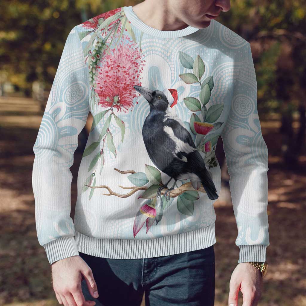 Australia Magpie Christmas Ugly Christmas Sweater Eucalyptus Aboriginal Watercolor Stylized - Aussie Hoodie