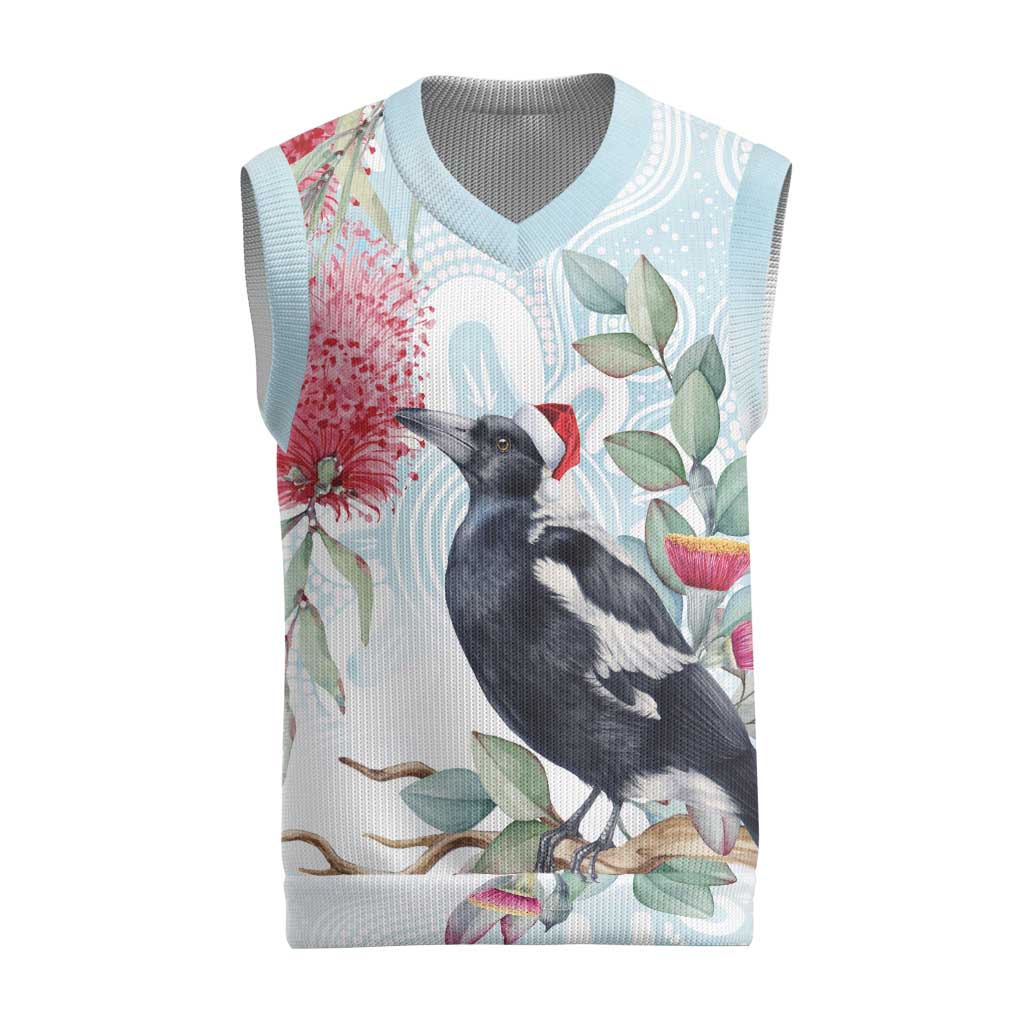 Australia Magpie Christmas Knitted V-Neck Vest Eucalyptus Aboriginal Watercolor Stylized - Aussie Hoodie