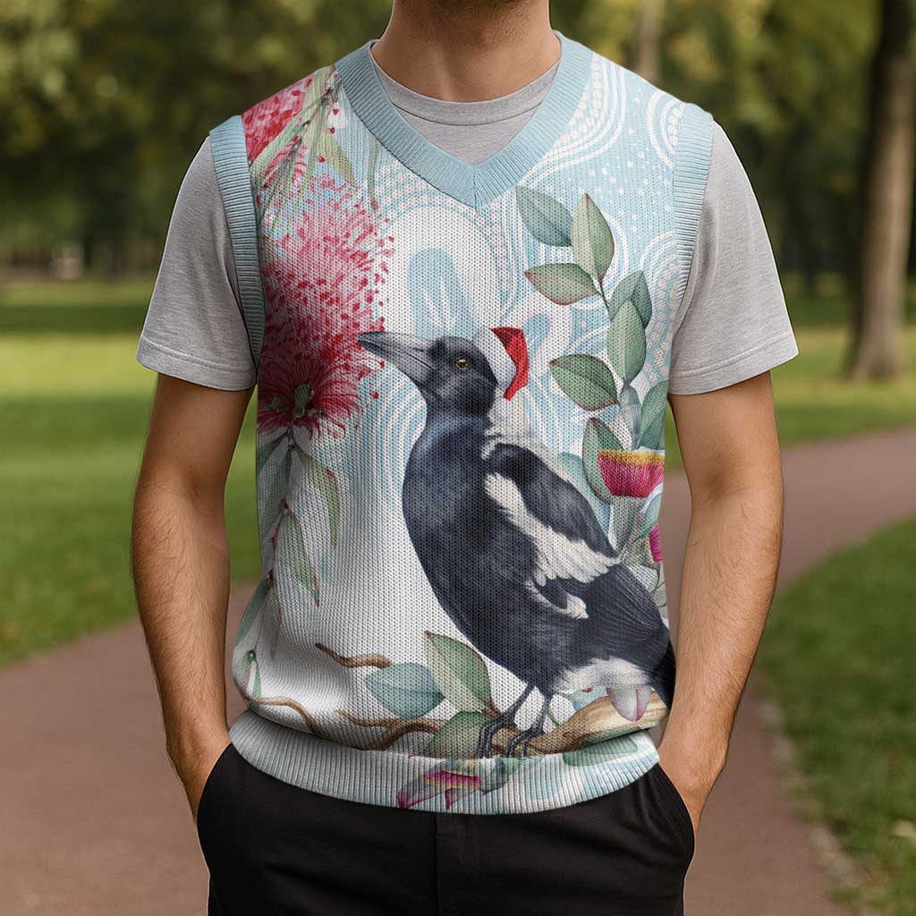 Australia Magpie Christmas Knitted V-Neck Vest Eucalyptus Aboriginal Watercolor Stylized - Aussie Hoodie