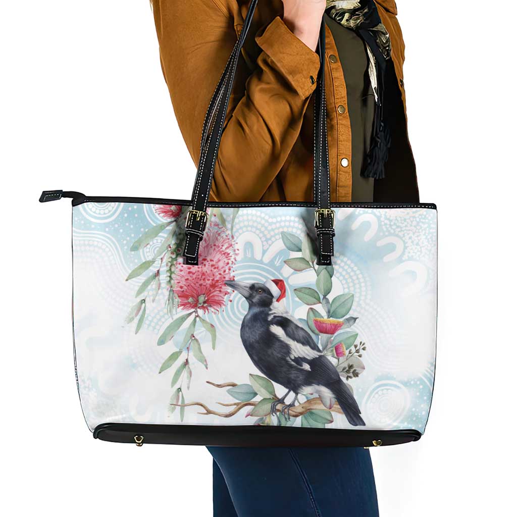 Australia Magpie Christmas Leather Tote Bag Eucalyptus Aboriginal Watercolor Stylized - Aussie Hoodie