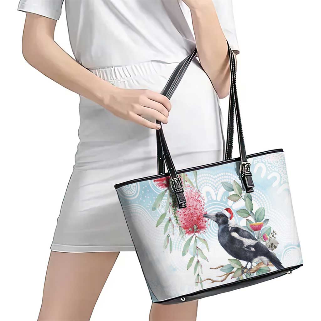 Australia Magpie Christmas Leather Tote Bag Eucalyptus Aboriginal Watercolor Stylized - Aussie Hoodie