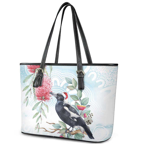 Australia Magpie Christmas Leather Tote Bag Eucalyptus Aboriginal Watercolor Stylized - Aussie Hoodie