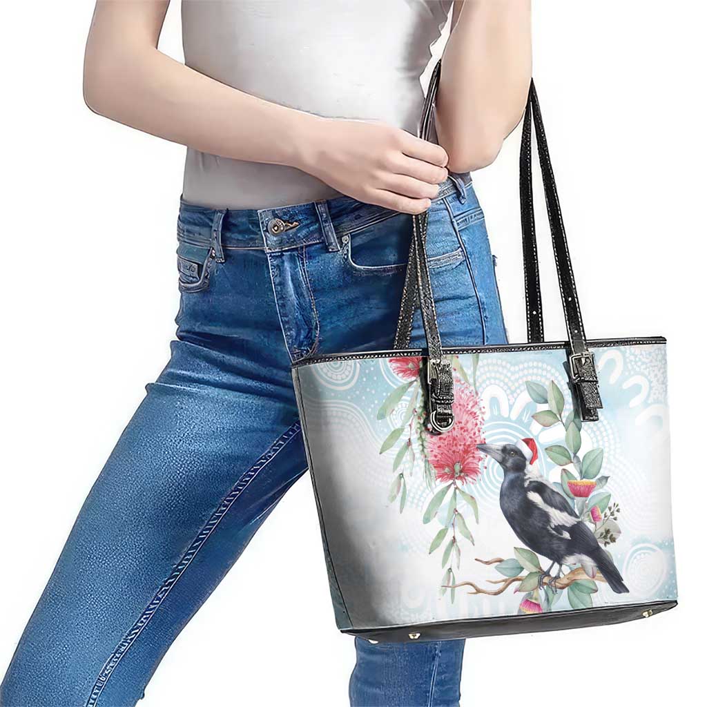 Australia Magpie Christmas Leather Tote Bag Eucalyptus Aboriginal Watercolor Stylized - Aussie Hoodie