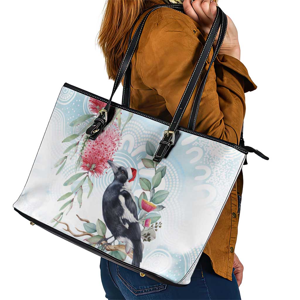 Australia Magpie Christmas Leather Tote Bag Eucalyptus Aboriginal Watercolor Stylized - Aussie Hoodie
