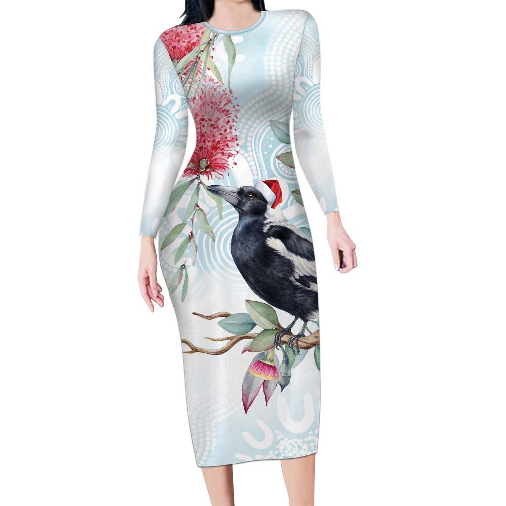 Australia Magpie Christmas Long Sleeve Bodycon Dress Eucalyptus Aboriginal Watercolor Stylized - Aussie Hoodie