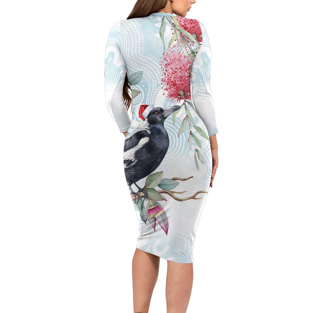 Australia Magpie Christmas Long Sleeve Bodycon Dress Eucalyptus Aboriginal Watercolor Stylized - Aussie Hoodie