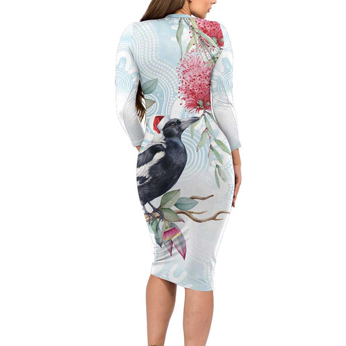 Australia Magpie Christmas Long Sleeve Bodycon Dress Eucalyptus Aboriginal Watercolor Stylized - Aussie Hoodie