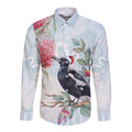 Australia Magpie Christmas Long Sleeve Button Shirt Eucalyptus Aboriginal Watercolor Stylized - Aussie Hoodie