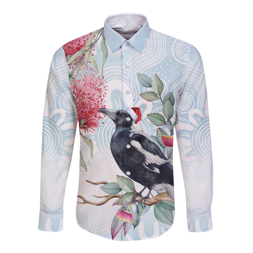 Australia Magpie Christmas Long Sleeve Button Shirt Eucalyptus Aboriginal Watercolor Stylized - Aussie Hoodie