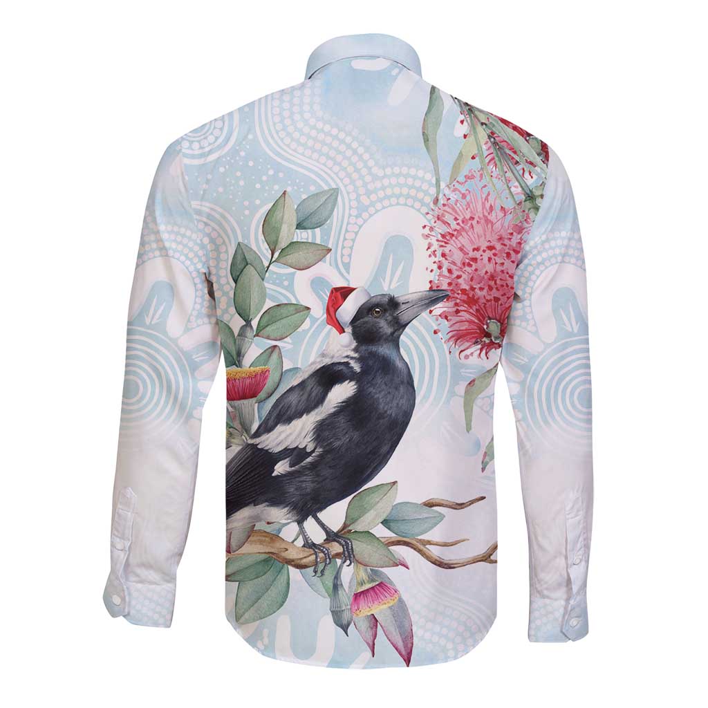 Australia Magpie Christmas Long Sleeve Button Shirt Eucalyptus Aboriginal Watercolor Stylized - Aussie Hoodie