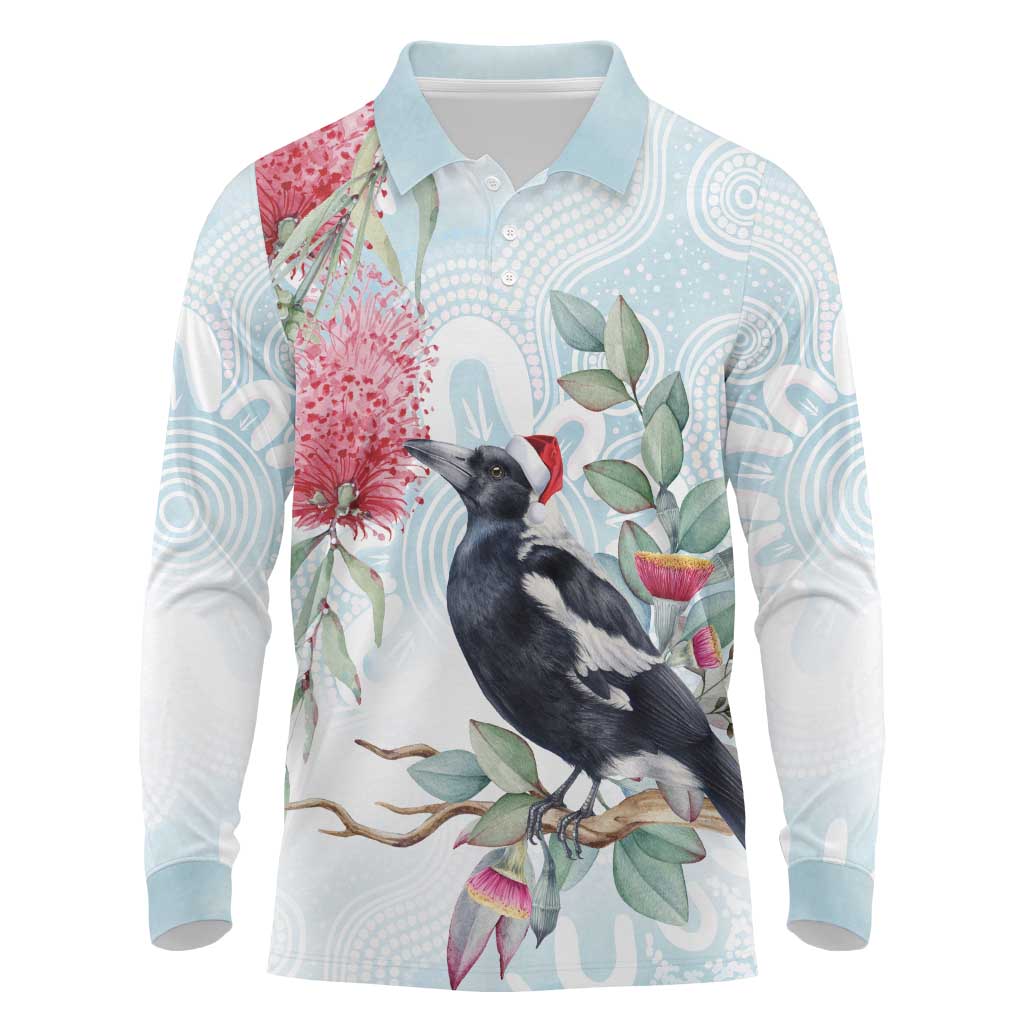 Australia Magpie Christmas Long Sleeve Polo Shirt Eucalyptus Aboriginal Watercolor Stylized - Aussie Hoodie