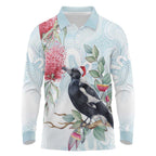 Australia Magpie Christmas Long Sleeve Polo Shirt Eucalyptus Aboriginal Watercolor Stylized - Aussie Hoodie