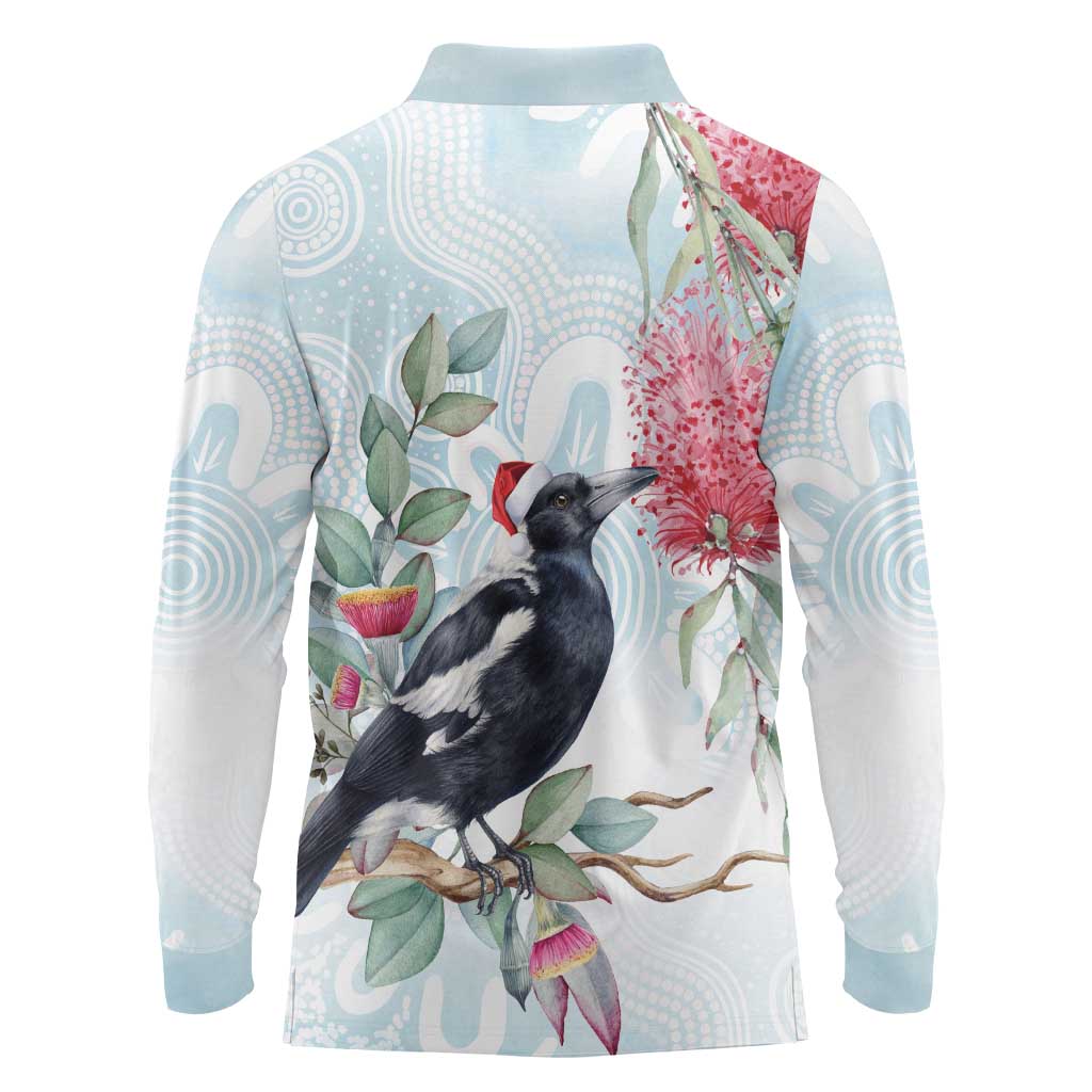Australia Magpie Christmas Long Sleeve Polo Shirt Eucalyptus Aboriginal Watercolor Stylized - Aussie Hoodie