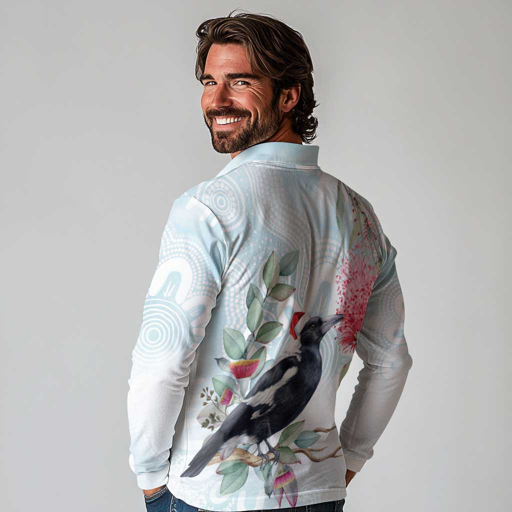 Australia Magpie Christmas Long Sleeve Polo Shirt Eucalyptus Aboriginal Watercolor Stylized - Aussie Hoodie