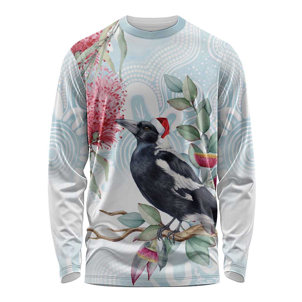 Australia Magpie Christmas Long Sleeve Shirt Eucalyptus Aboriginal Watercolor Stylized - Aussie Hoodie