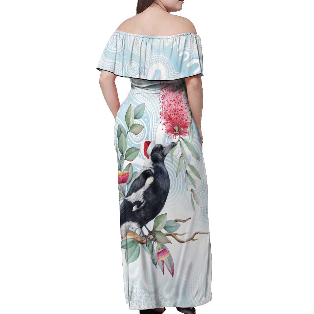 Australia Magpie Christmas Off Shoulder Maxi Dress Eucalyptus Aboriginal Watercolor Stylized - Aussie Hoodie
