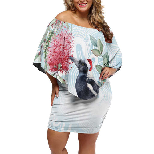 Australia Magpie Christmas Off Shoulder Short Dress Eucalyptus Aboriginal Watercolor Stylized - Aussie Hoodie