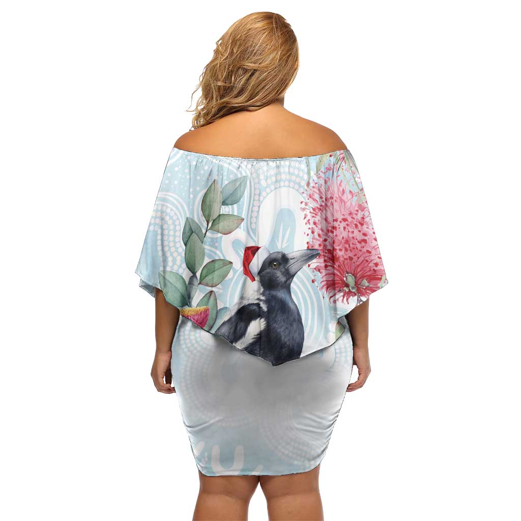 Australia Magpie Christmas Off Shoulder Short Dress Eucalyptus Aboriginal Watercolor Stylized - Aussie Hoodie