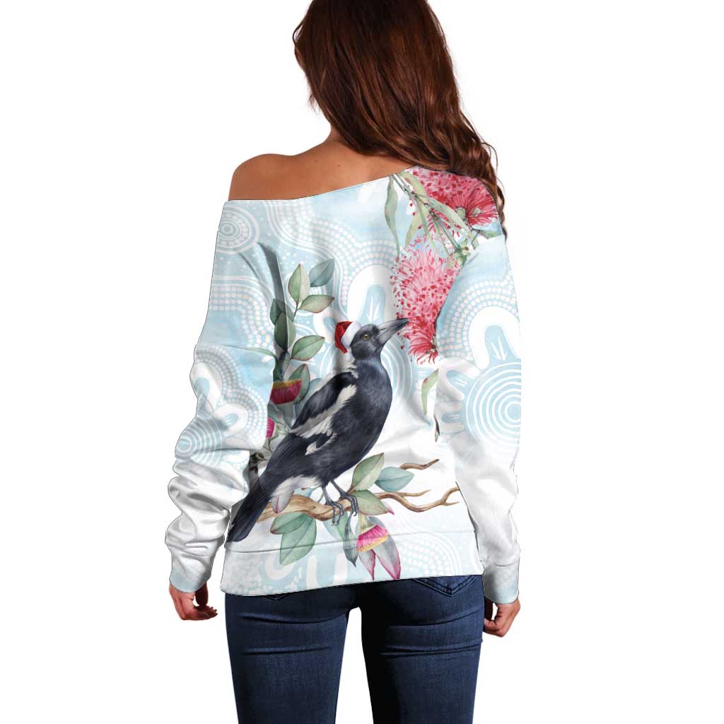 Australia Magpie Christmas Off Shoulder Sweater Eucalyptus Aboriginal Watercolor Stylized - Aussie Hoodie