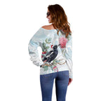 Australia Magpie Christmas Off Shoulder Sweater Eucalyptus Aboriginal Watercolor Stylized - Aussie Hoodie